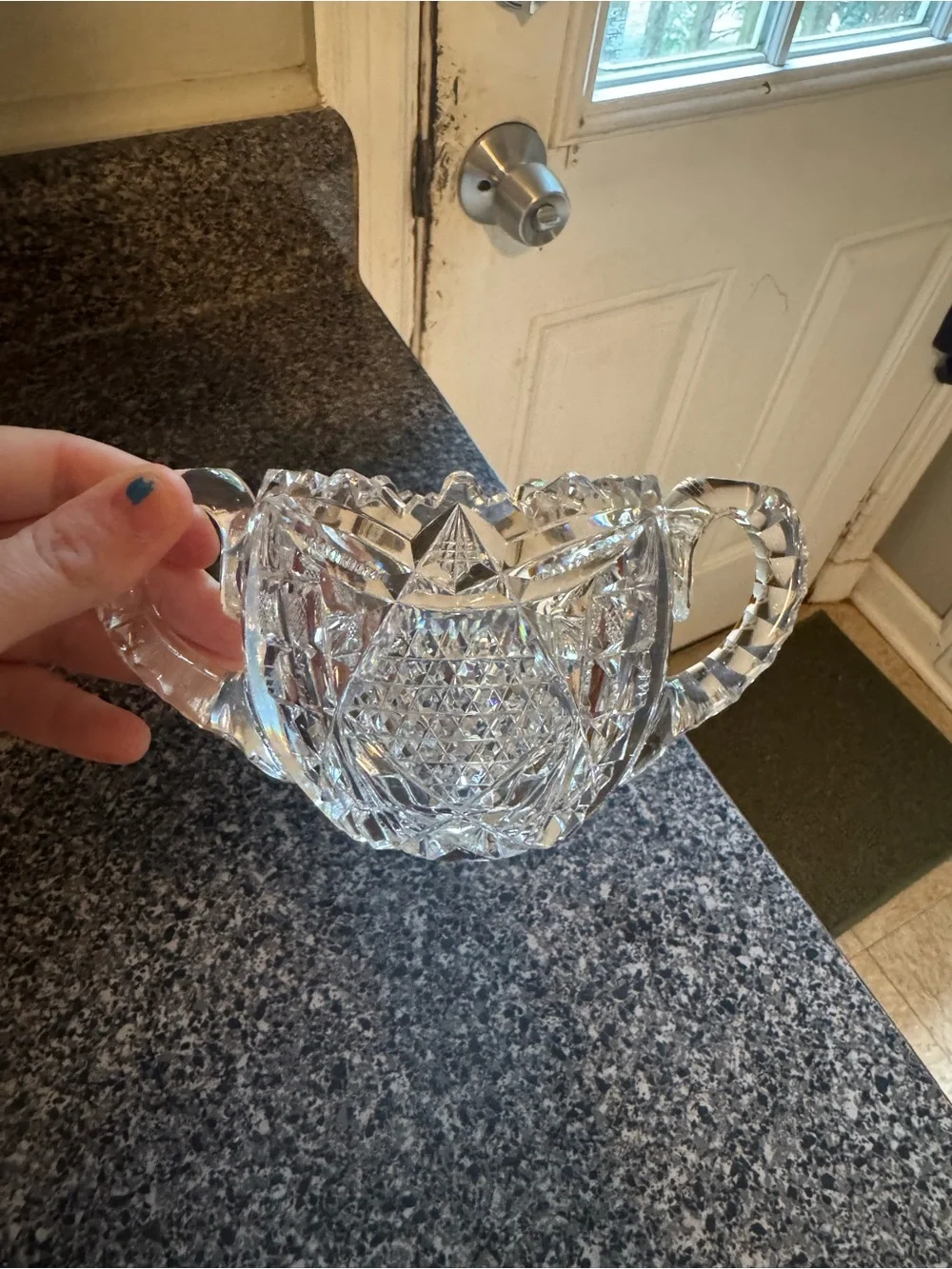 VTG Cut Glass Double-Handled Sugar Bowl - Clear Crystal HEAVY